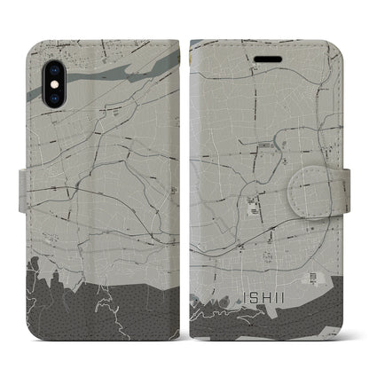 【石井（徳島県）】地図柄iPhoneケース（手帳タイプ）モノトーン・iPhone XS / X 用