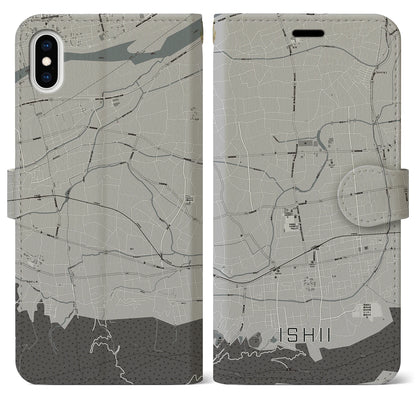 【石井（徳島県）】地図柄iPhoneケース（手帳タイプ）モノトーン・iPhone XS Max 用