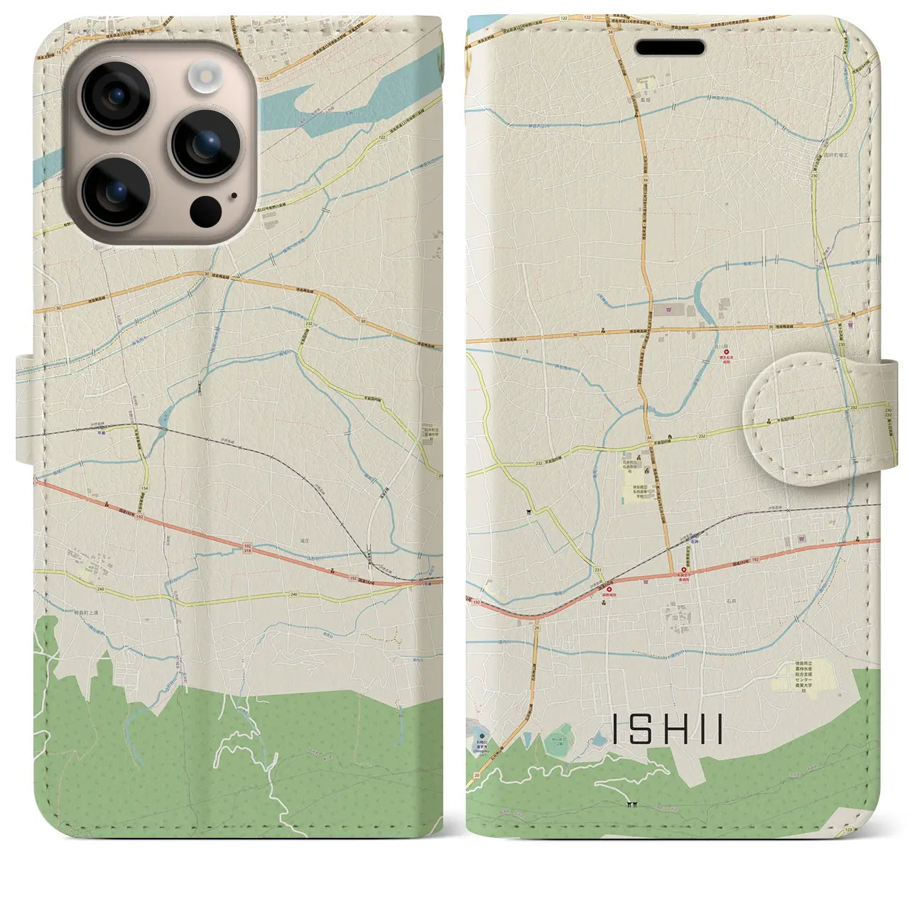 【石井（徳島県）】地図柄iPhoneケース（手帳タイプ）ナチュラル・iPhone 16 Plus 用