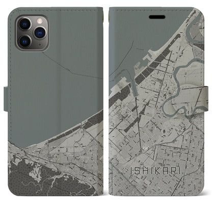 【石狩（北海道）】地図柄iPhoneケース（手帳タイプ）モノトーン・iPhone 11 Pro Max 用