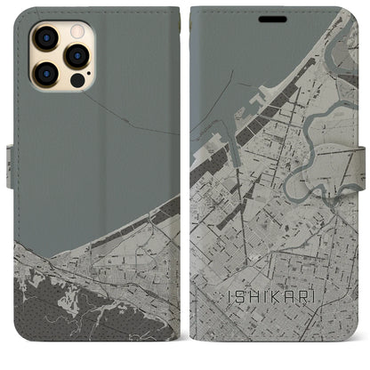 【石狩（北海道）】地図柄iPhoneケース（手帳タイプ）モノトーン・iPhone 12 Pro Max 用