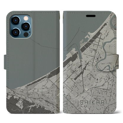 【石狩（北海道）】地図柄iPhoneケース（手帳タイプ）モノトーン・iPhone 12 / 12 Pro 用