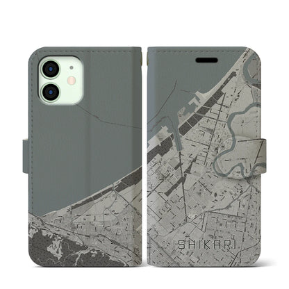 【石狩（北海道）】地図柄iPhoneケース（手帳タイプ）モノトーン・iPhone 12 mini 用