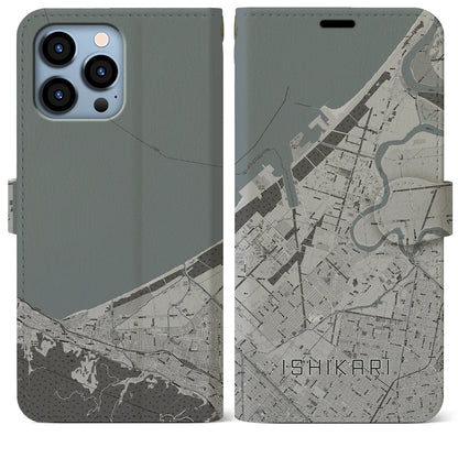 【石狩（北海道）】地図柄iPhoneケース（手帳タイプ）モノトーン・iPhone 13 Pro Max 用