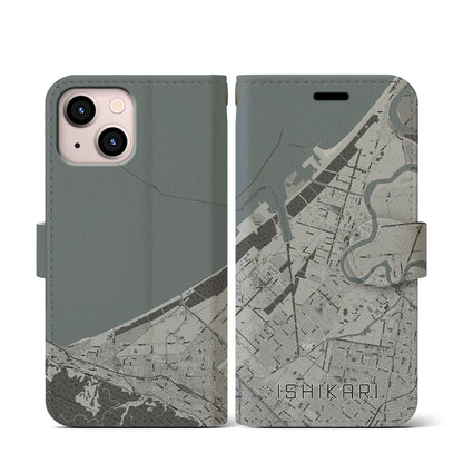 【石狩（北海道）】地図柄iPhoneケース（手帳タイプ）モノトーン・iPhone 13 mini 用