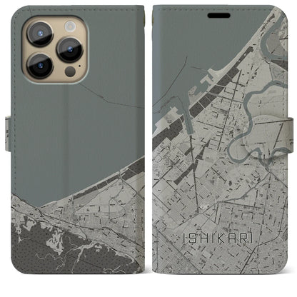 【石狩（北海道）】地図柄iPhoneケース（手帳タイプ）モノトーン・iPhone 14 Pro Max 用