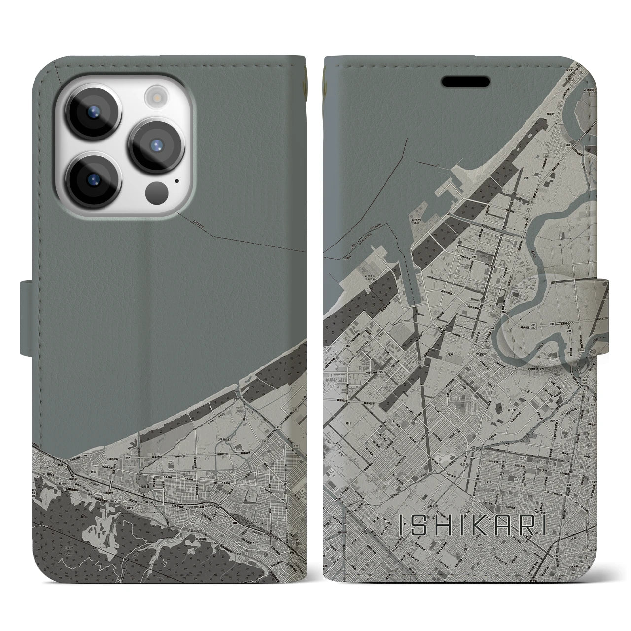 【石狩】地図柄iPhoneケース（手帳両面タイプ・モノトーン）iPhone 14 Pro 用