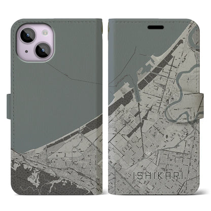【石狩（北海道）】地図柄iPhoneケース（手帳タイプ）モノトーン・iPhone 14 用