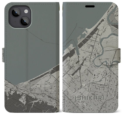 【石狩（北海道）】地図柄iPhoneケース（手帳タイプ）モノトーン・iPhone 14 Plus 用