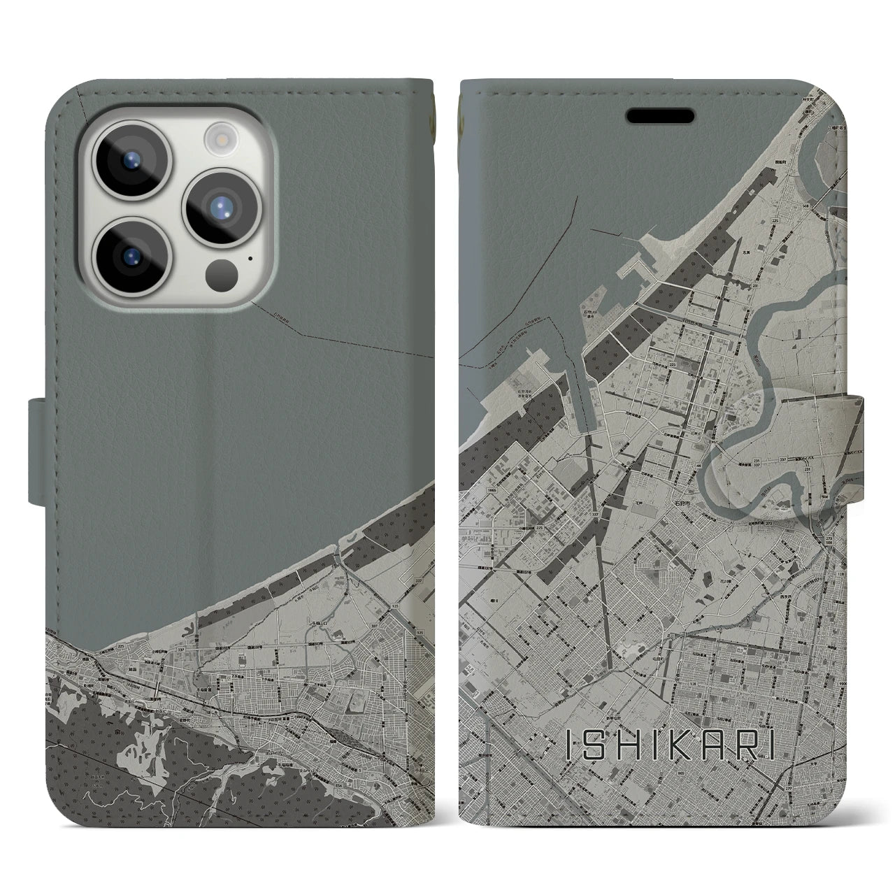 【石狩】地図柄iPhoneケース（手帳両面タイプ・モノトーン）iPhone 15 Pro 用