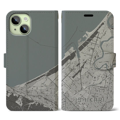 【石狩（北海道）】地図柄iPhoneケース（手帳タイプ）モノトーン・iPhone 15 用