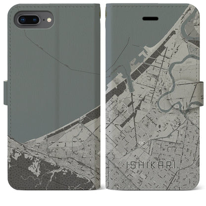 【石狩（北海道）】地図柄iPhoneケース（手帳タイプ）モノトーン・iPhone 8Plus /7Plus / 6sPlus / 6Plus 用