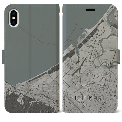 【石狩（北海道）】地図柄iPhoneケース（手帳タイプ）モノトーン・iPhone XS Max 用