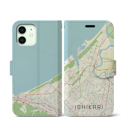 【石狩（北海道）】地図柄iPhoneケース（手帳タイプ）ナチュラル・iPhone 12 mini 用