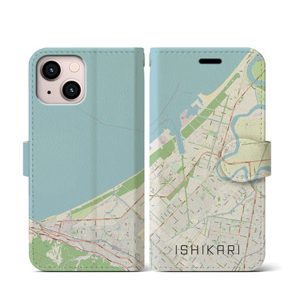 【石狩（北海道）】地図柄iPhoneケース（手帳タイプ）ナチュラル・iPhone 13 mini 用