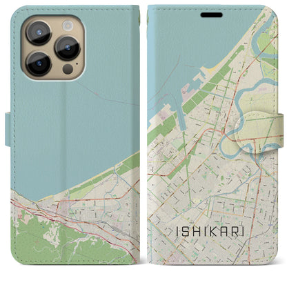 【石狩（北海道）】地図柄iPhoneケース（手帳タイプ）ナチュラル・iPhone 14 Pro Max 用