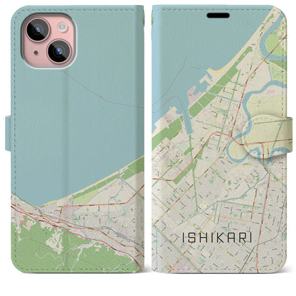 【石狩（北海道）】地図柄iPhoneケース（手帳タイプ）ナチュラル・iPhone 15 Plus 用