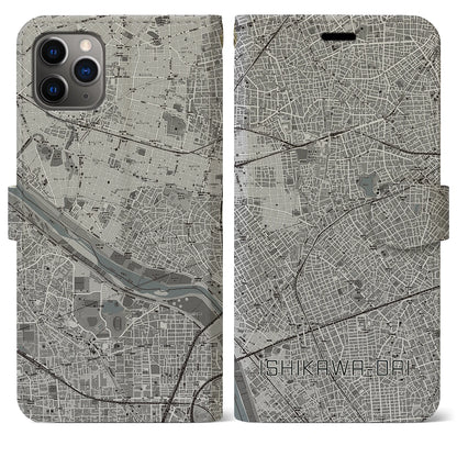 【石川台（東京都）】地図柄iPhoneケース（手帳タイプ）モノトーン・iPhone 11 Pro Max 用