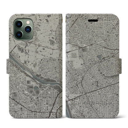 【石川台（東京都）】地図柄iPhoneケース（手帳タイプ）モノトーン・iPhone 11 Pro 用