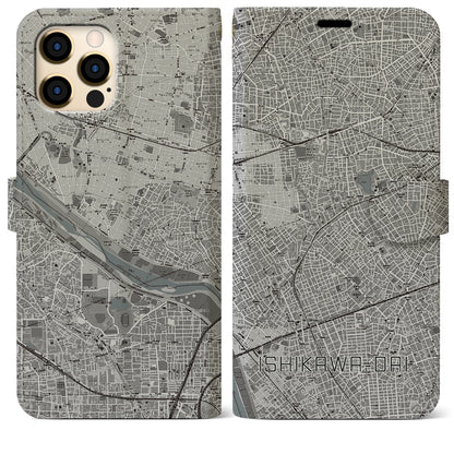 【石川台（東京都）】地図柄iPhoneケース（手帳タイプ）モノトーン・iPhone 12 Pro Max 用