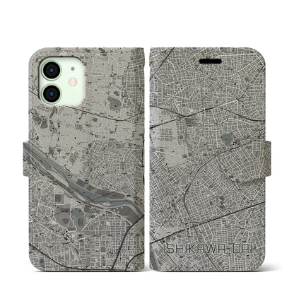 【石川台（東京都）】地図柄iPhoneケース（手帳タイプ）モノトーン・iPhone 12 mini 用