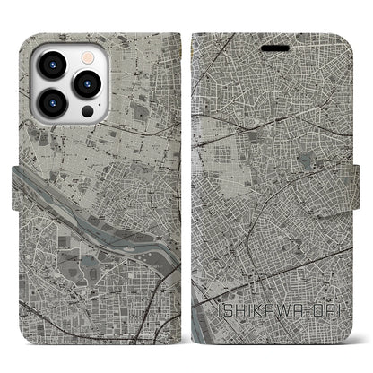 【石川台（東京都）】地図柄iPhoneケース（手帳タイプ）モノトーン・iPhone 13 Pro 用