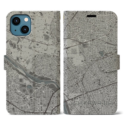 【石川台（東京都）】地図柄iPhoneケース（手帳タイプ）モノトーン・iPhone 13 用