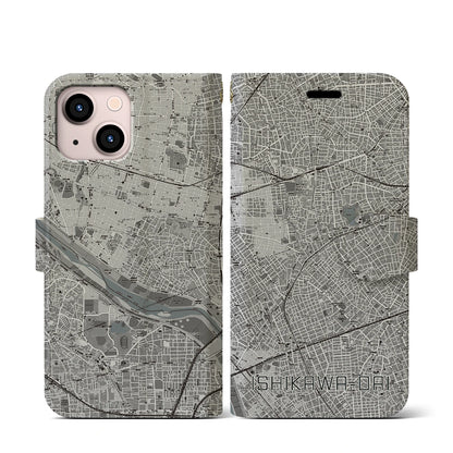【石川台（東京都）】地図柄iPhoneケース（手帳タイプ）モノトーン・iPhone 13 mini 用
