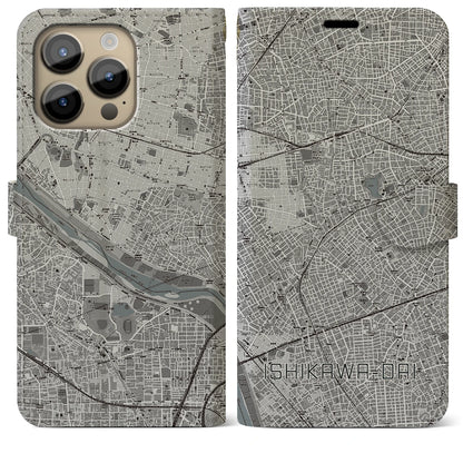 【石川台（東京都）】地図柄iPhoneケース（手帳タイプ）モノトーン・iPhone 14 Pro Max 用