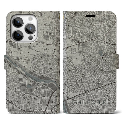 【石川台（東京都）】地図柄iPhoneケース（手帳タイプ）モノトーン・iPhone 14 Pro 用