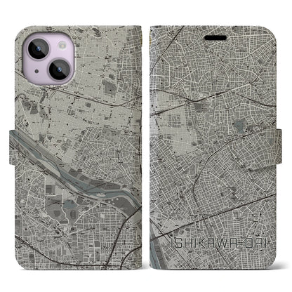 【石川台（東京都）】地図柄iPhoneケース（手帳タイプ）モノトーン・iPhone 14 用