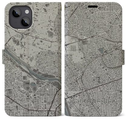 【石川台（東京都）】地図柄iPhoneケース（手帳タイプ）モノトーン・iPhone 14 Plus 用