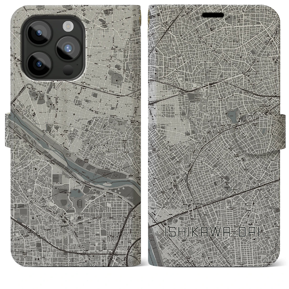 【石川台】地図柄iPhoneケース（手帳両面タイプ・モノトーン）iPhone 15 Pro Max 用