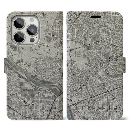 【石川台（東京都）】地図柄iPhoneケース（手帳タイプ）モノトーン・iPhone 15 Pro 用