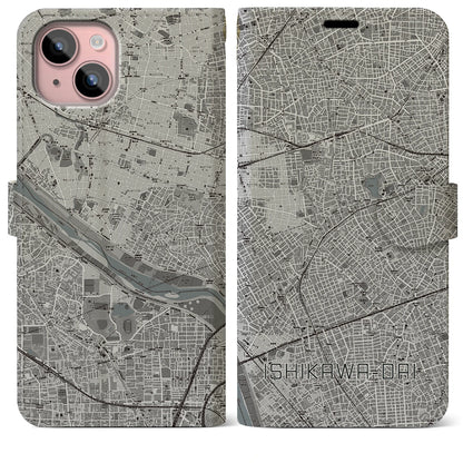 【石川台（東京都）】地図柄iPhoneケース（手帳タイプ）モノトーン・iPhone 15 Plus 用