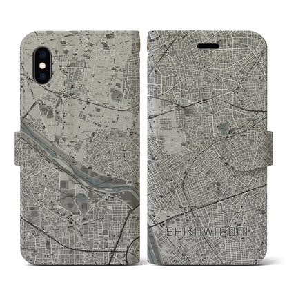 【石川台（東京都）】地図柄iPhoneケース（手帳タイプ）モノトーン・iPhone XS / X 用