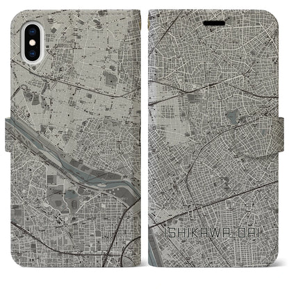 【石川台（東京都）】地図柄iPhoneケース（手帳タイプ）モノトーン・iPhone XS Max 用