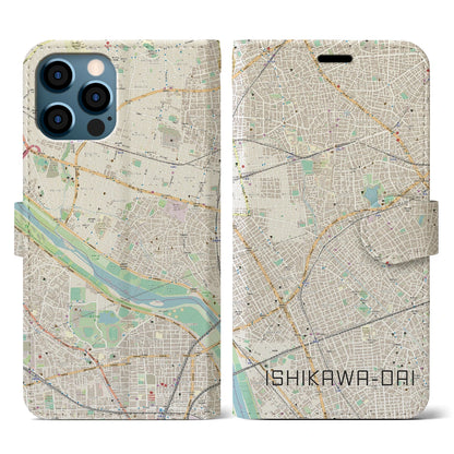 【石川台（東京都）】地図柄iPhoneケース（手帳タイプ）ナチュラル・iPhone 12 / 12 Pro 用