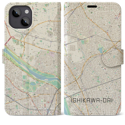 【石川台（東京都）】地図柄iPhoneケース（手帳タイプ）ナチュラル・iPhone 14 Plus 用