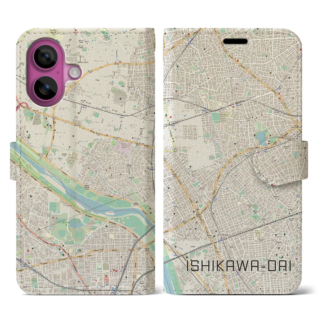 【石川台（東京都）】地図柄iPhoneケース（手帳タイプ）ナチュラル・iPhone 16 Pro 用