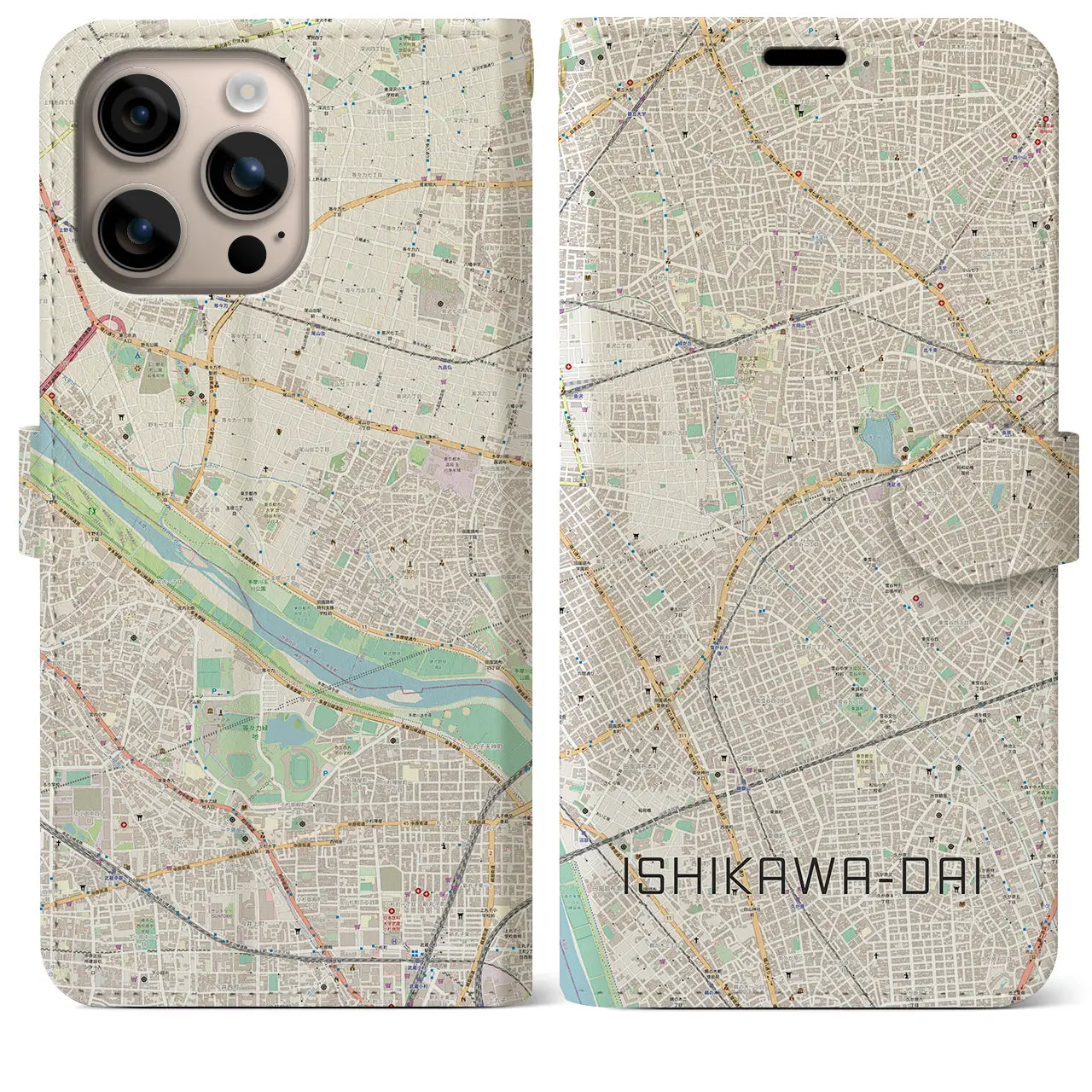 【石川台（東京都）】地図柄iPhoneケース（手帳タイプ）ナチュラル・iPhone 16 Plus 用