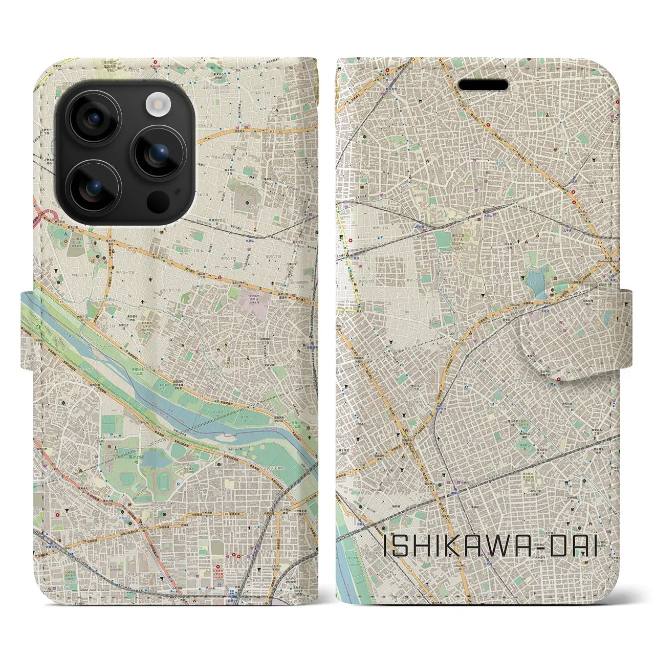 【石川台（東京都）】地図柄iPhoneケース（手帳タイプ）ナチュラル・iPhone 16 用