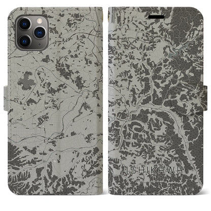 【石川（福島県）】地図柄iPhoneケース（手帳タイプ）モノトーン・iPhone 11 Pro Max 用