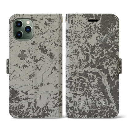 【石川（福島県）】地図柄iPhoneケース（手帳タイプ）モノトーン・iPhone 11 Pro 用
