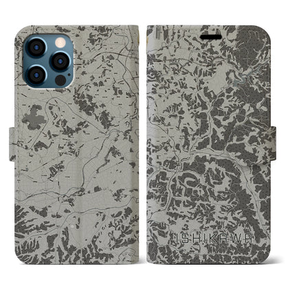 【石川（福島県）】地図柄iPhoneケース（手帳タイプ）モノトーン・iPhone 12 / 12 Pro 用