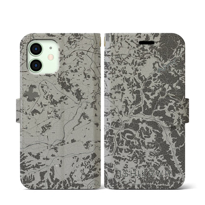 【石川（福島県）】地図柄iPhoneケース（手帳タイプ）モノトーン・iPhone 12 mini 用