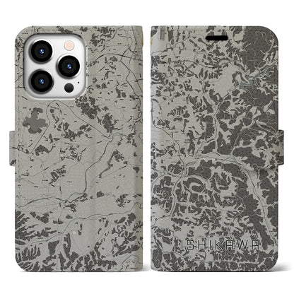 【石川（福島県）】地図柄iPhoneケース（手帳タイプ）モノトーン・iPhone 13 Pro 用