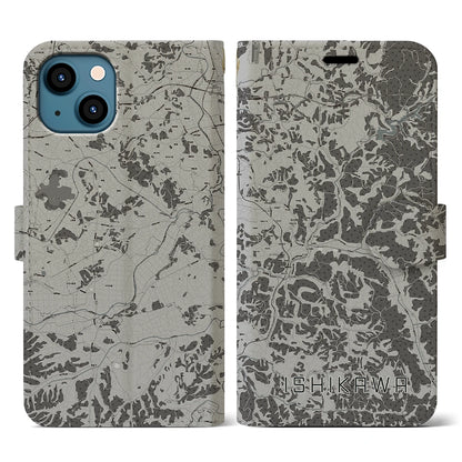 【石川（福島県）】地図柄iPhoneケース（手帳タイプ）モノトーン・iPhone 13 用