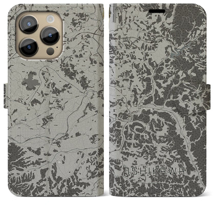 【石川（福島県）】地図柄iPhoneケース（手帳タイプ）モノトーン・iPhone 14 Pro Max 用