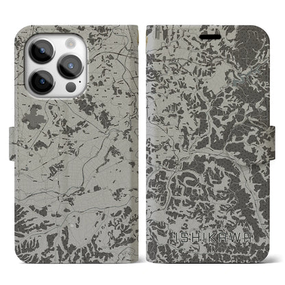 【石川（福島県）】地図柄iPhoneケース（手帳タイプ）モノトーン・iPhone 14 Pro 用